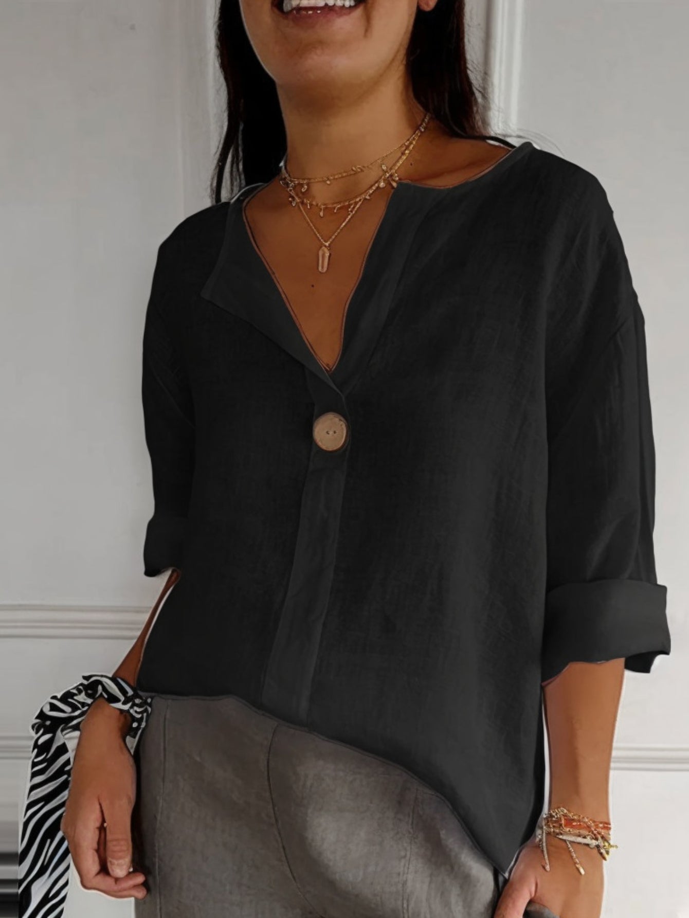 V Neck Three Quarter Sleeve Plain Buttoned Regular Loose Blouse
