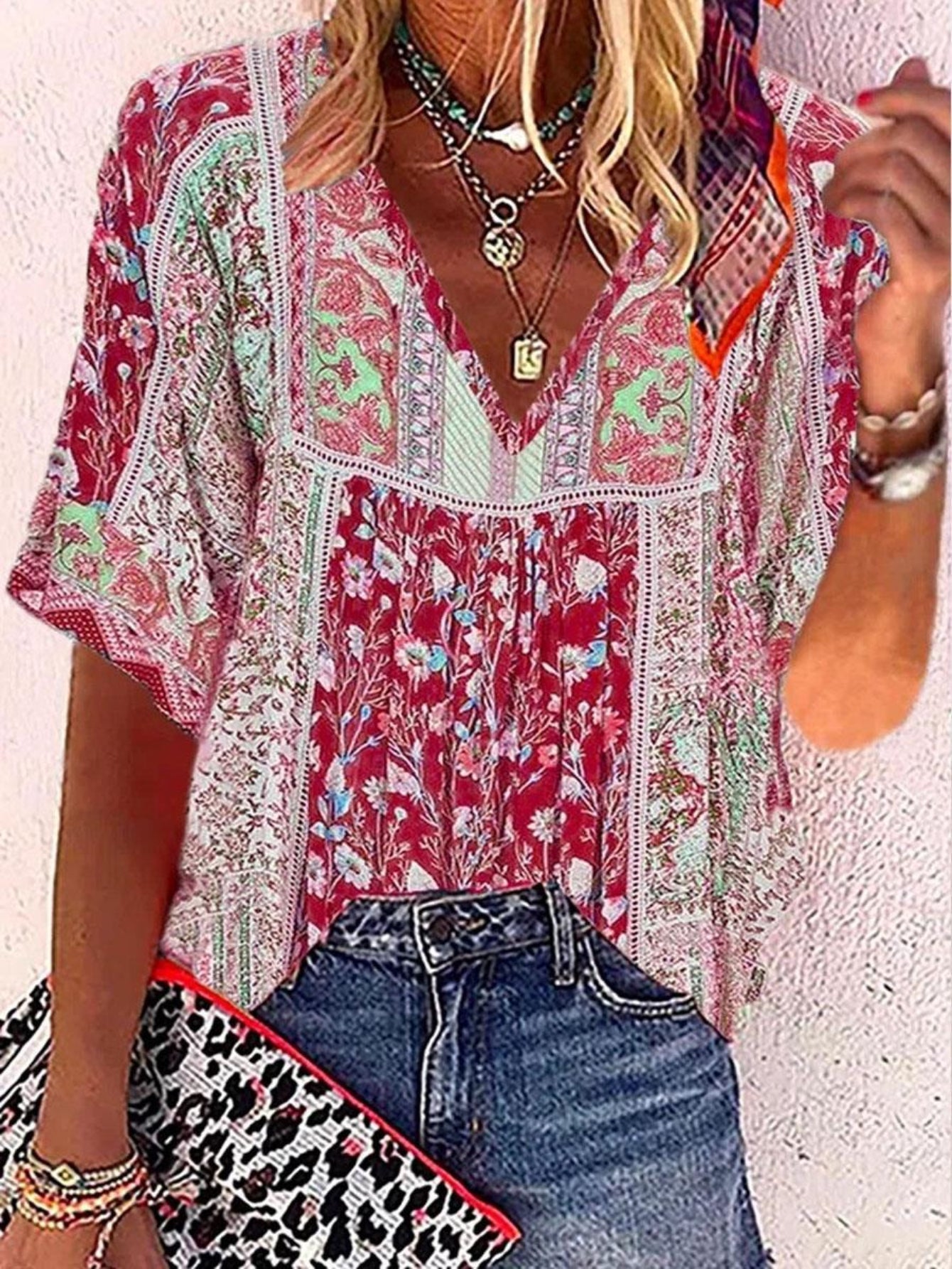 Ethnic Floral Print Blouse, Boho V Neck Half Sleeve Blouse