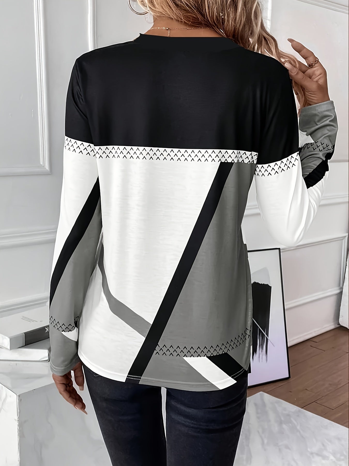 Color Block Crew Neck T-shirt, Casual Long Sleeve Top