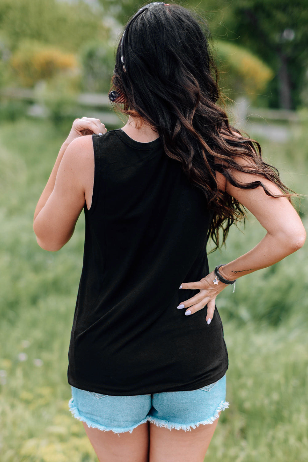 Black Cutout American Flag Print Tank Top