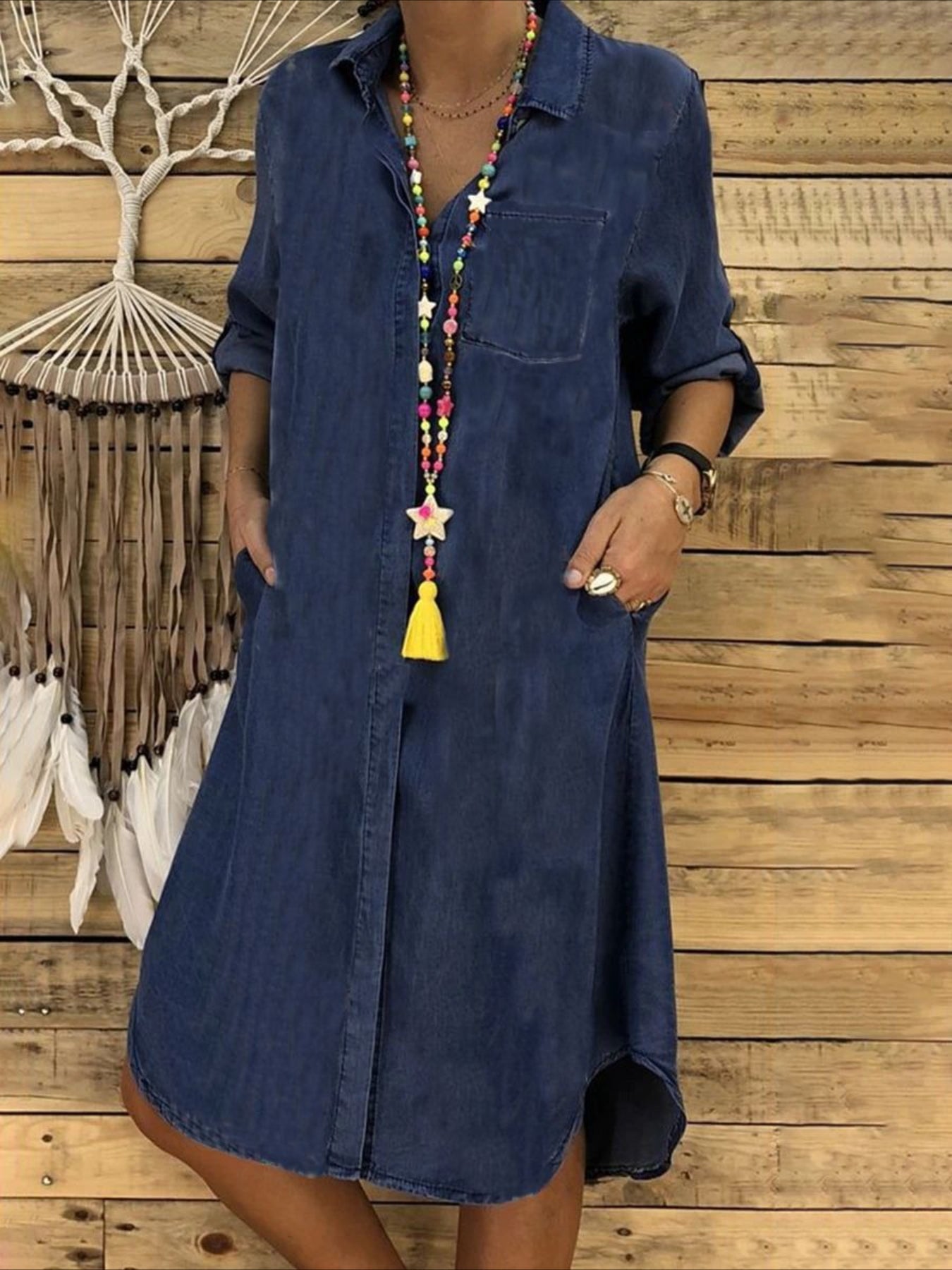 Lapel Button Front Denim Blouse Midi Dress