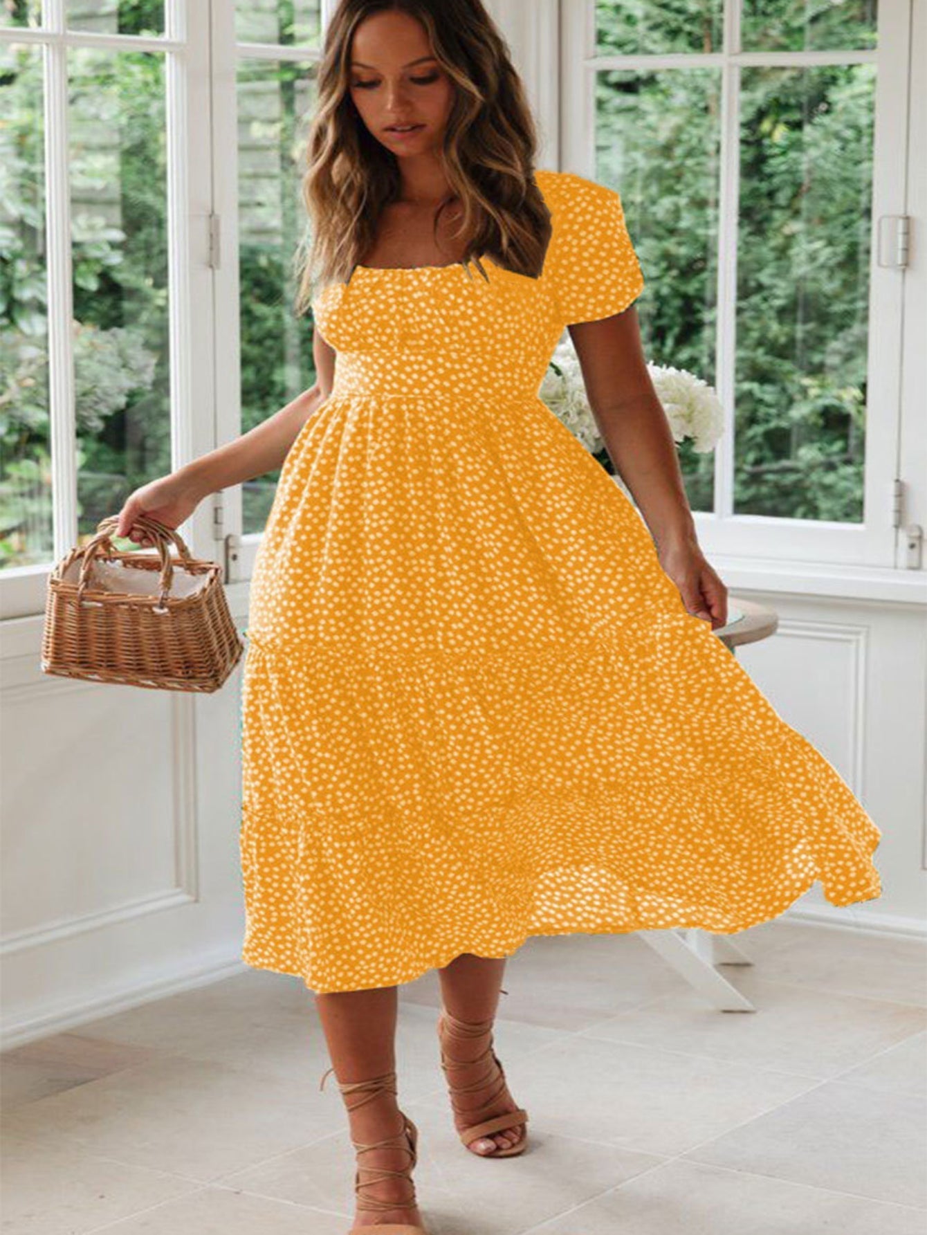 Polka Dot Ruffle Hem Dress, Casual Square Neck Short Sleeve Dress
