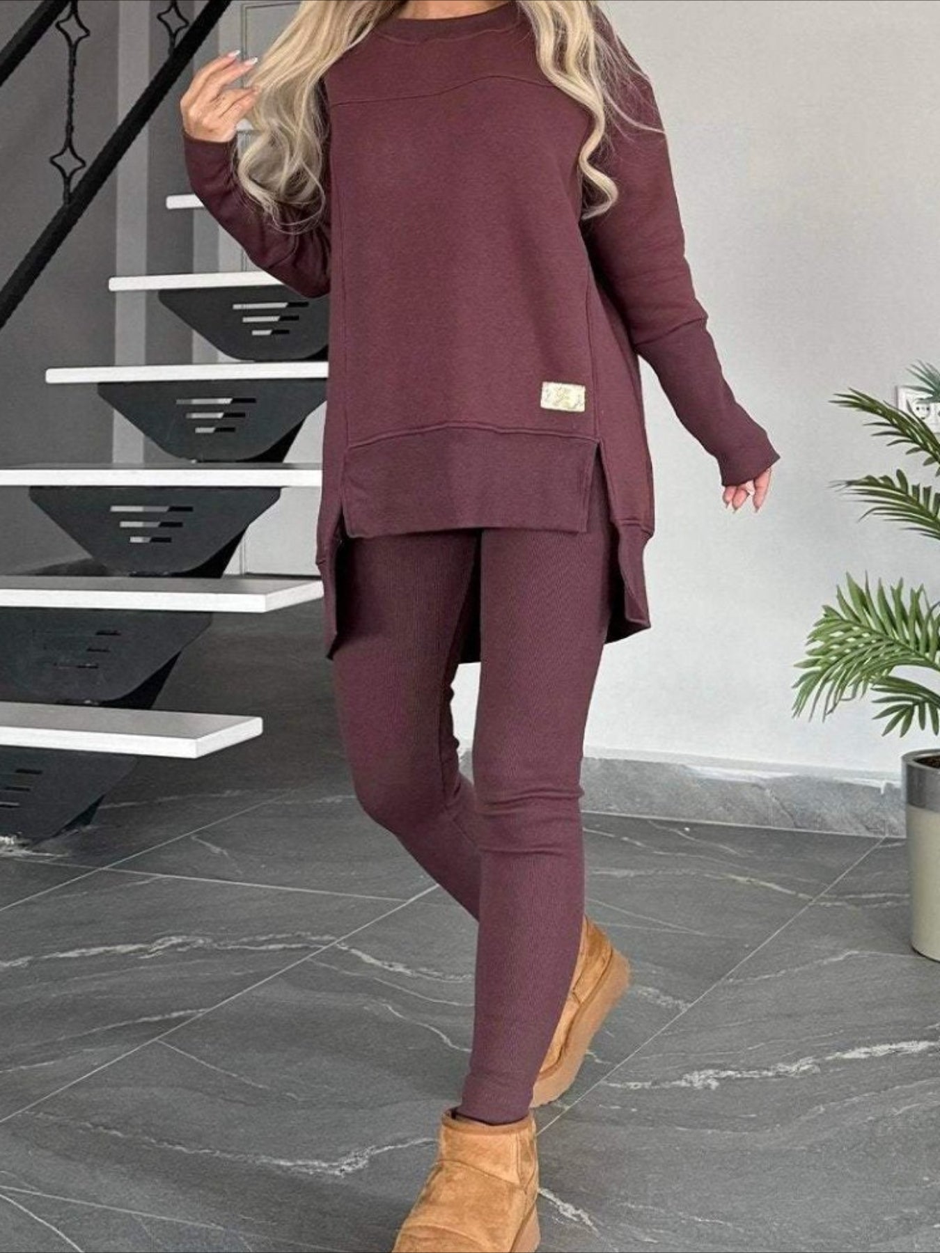 Slit Round Neck Top and Pants Set