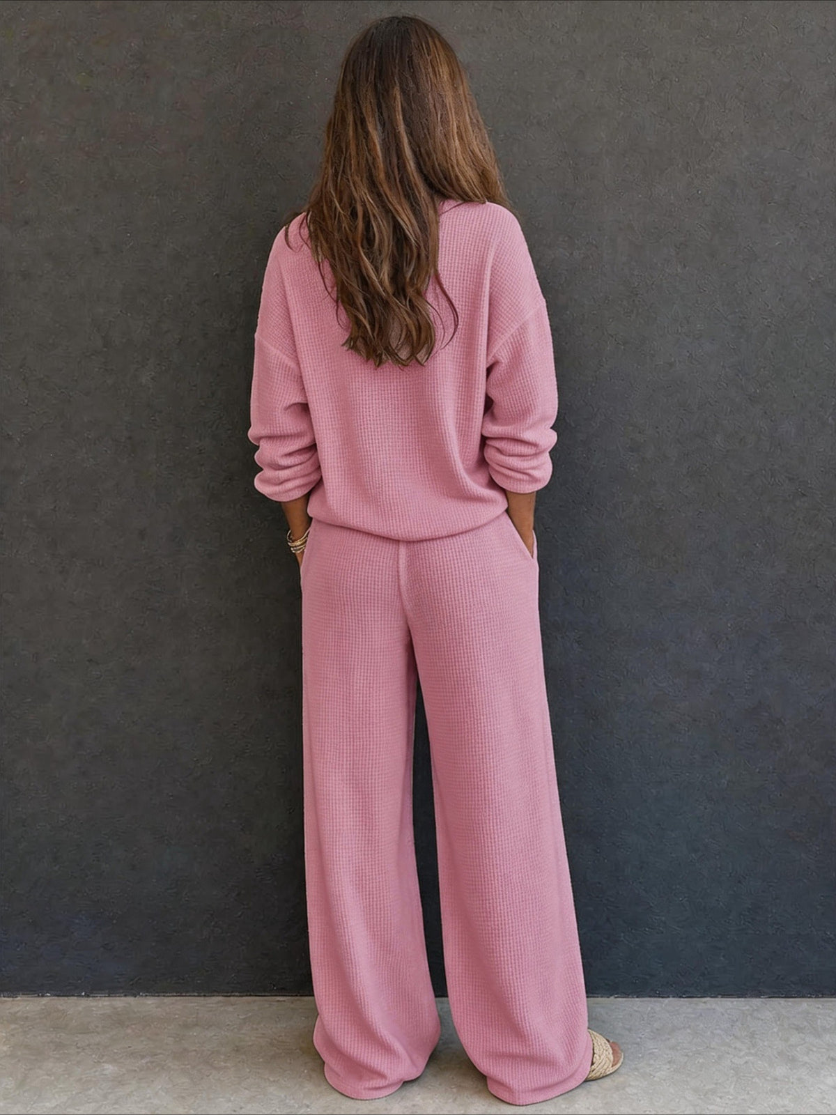 Waffle Knit Button Detail Top and Pants Set