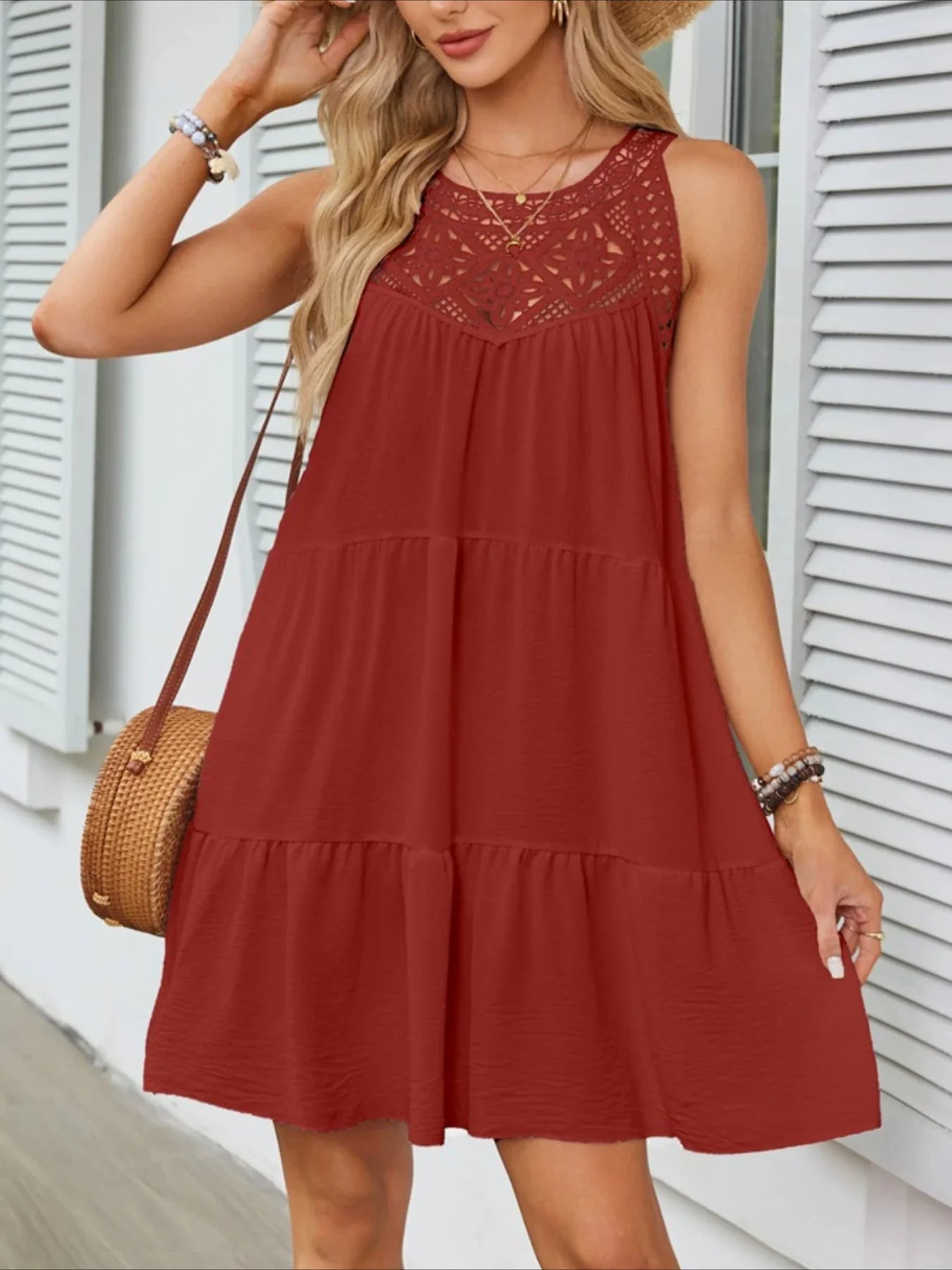 Women's Fashion Sexy Sleeveless Round Neck Hollow Solid Color Style Short dress