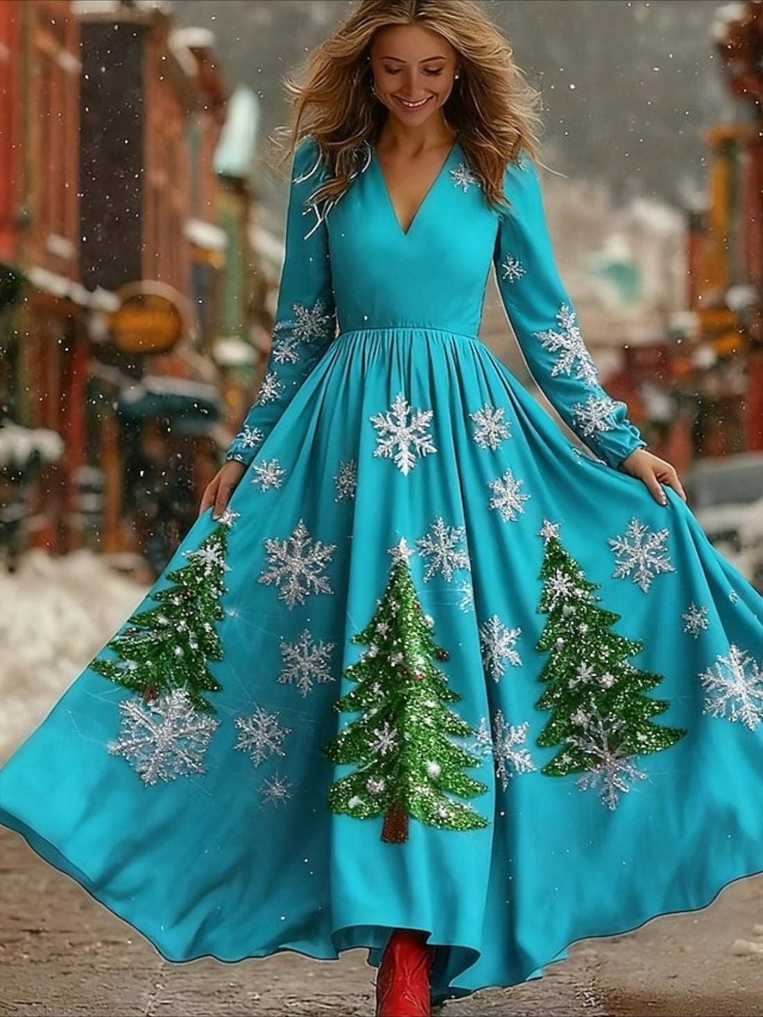 Snowflakes Pleated Party Long Sleeve V Neck Maxi Dress