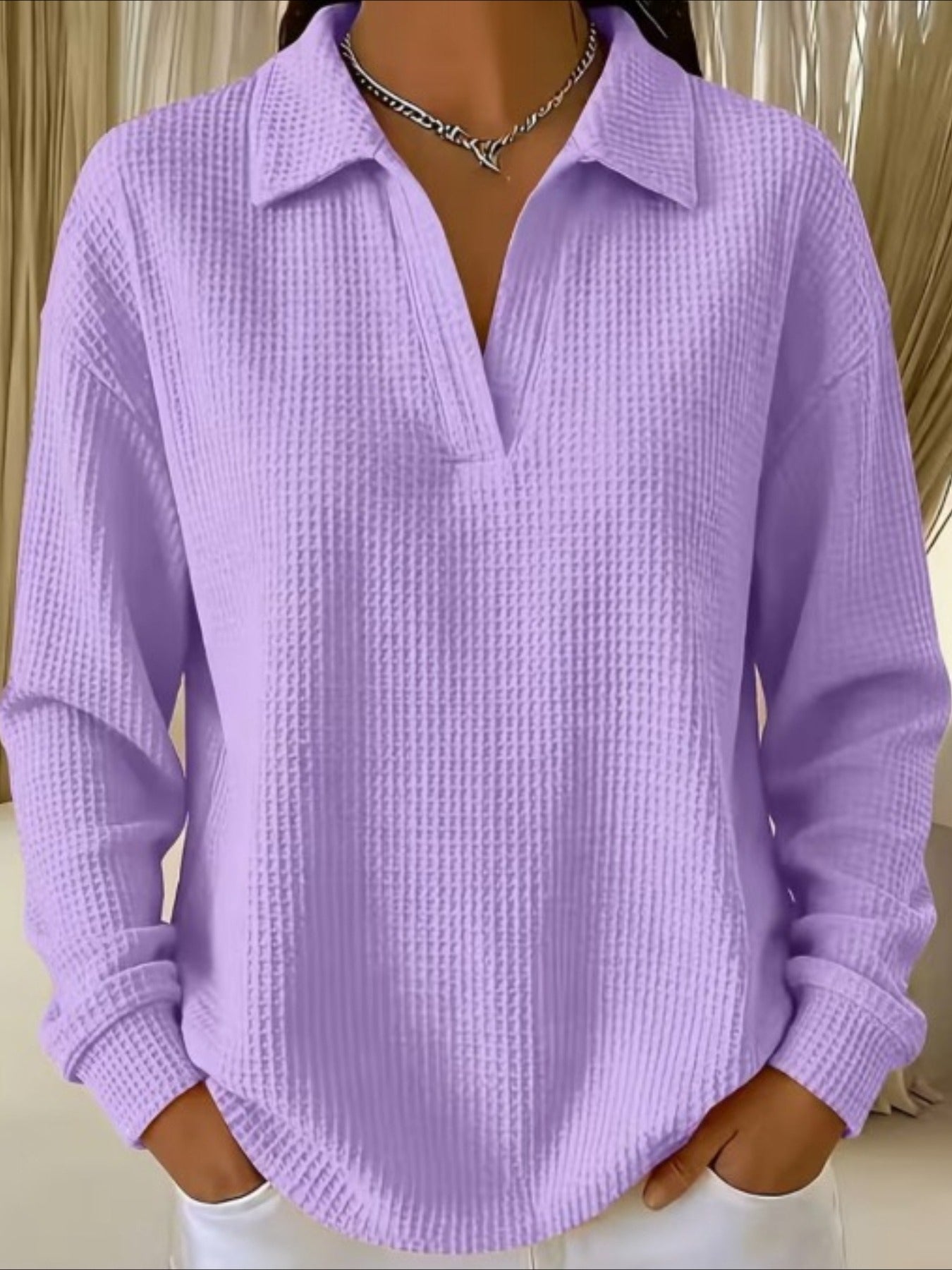 Waffle Lapel Neck Long Sleeve Polo Top