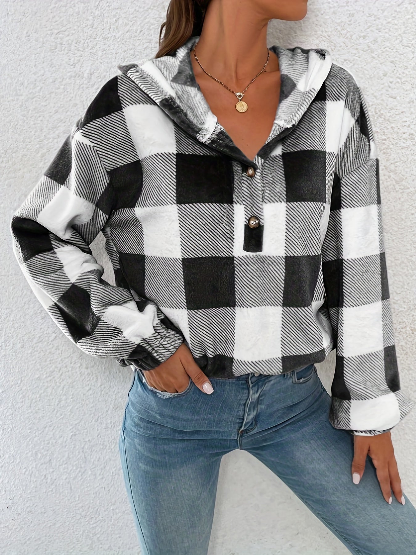 Plaid Print Simple Hoodies, Casual Drop Shoulder Long Sleeve Sweatshirt