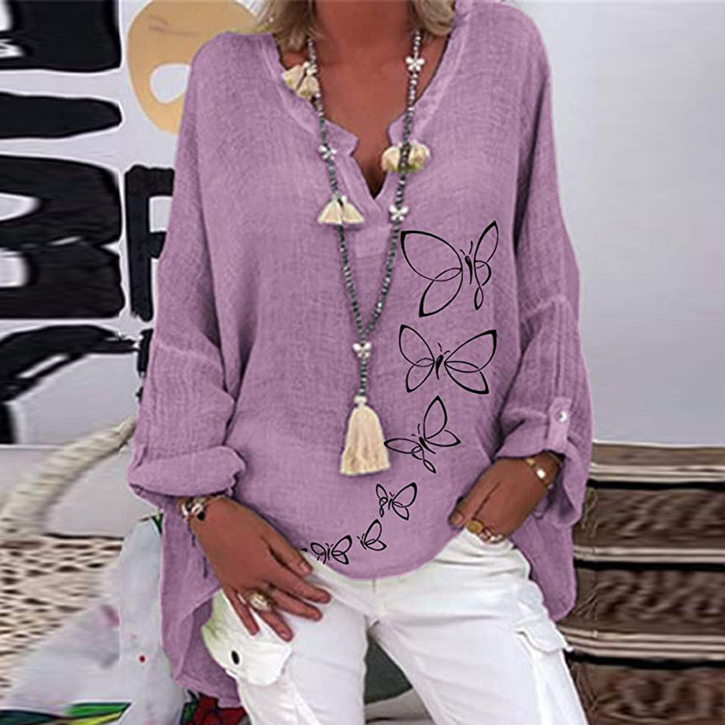 Long Sleeve Floral Print Loose V-Neck Shirt