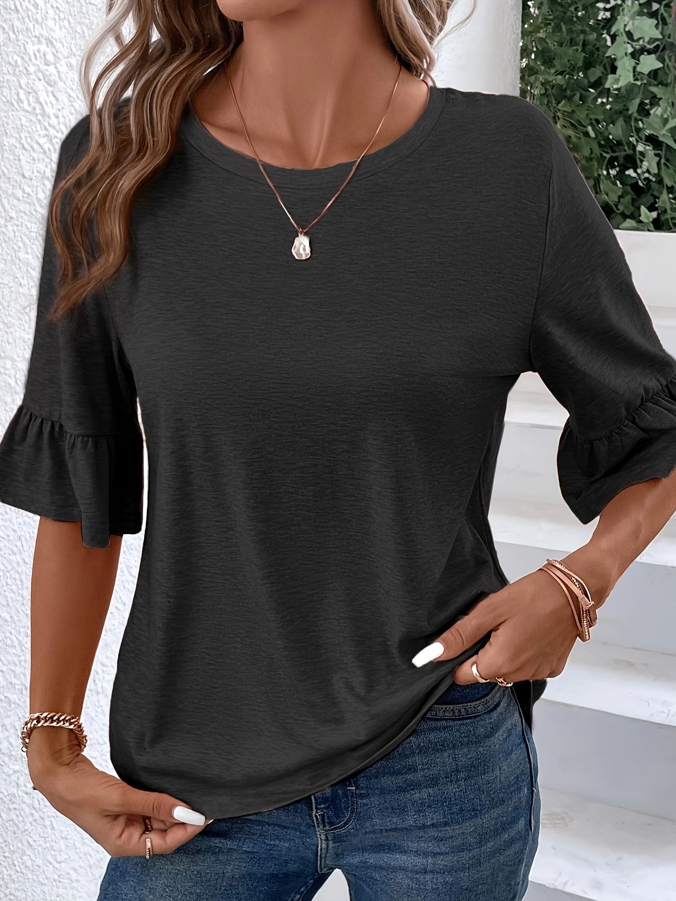 Women's Casual Flare Sleeve T-Shirt - Soft and Comfortable Solid Color Crew Neck Tee