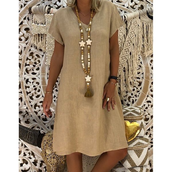 Cotton Linen Solid Loose V Neck Short Sleeve Midi Dress