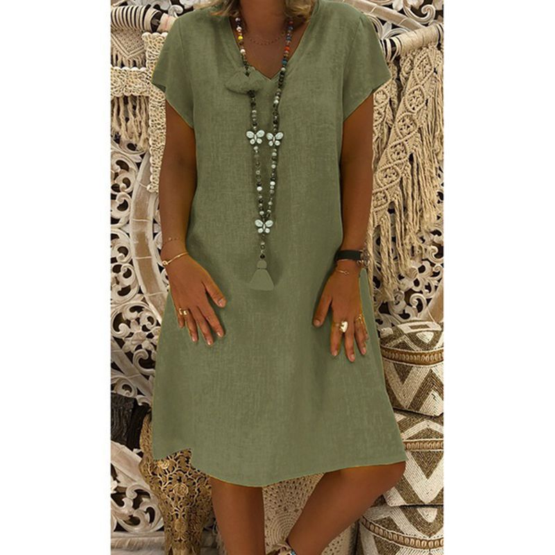 Cotton Linen Solid Loose V Neck Short Sleeve Midi Dress