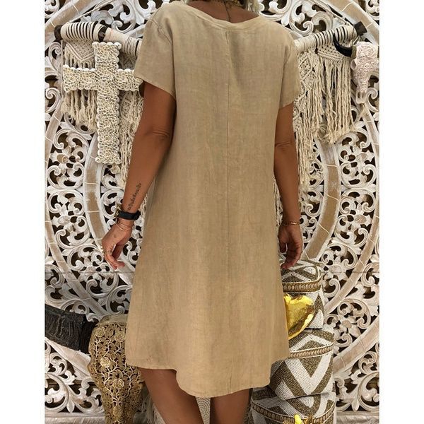 Cotton Linen Solid Loose V Neck Short Sleeve Midi Dress