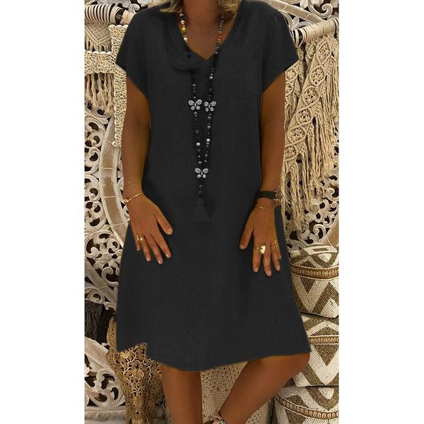 Cotton Linen Solid Loose V Neck Short Sleeve Midi Dress