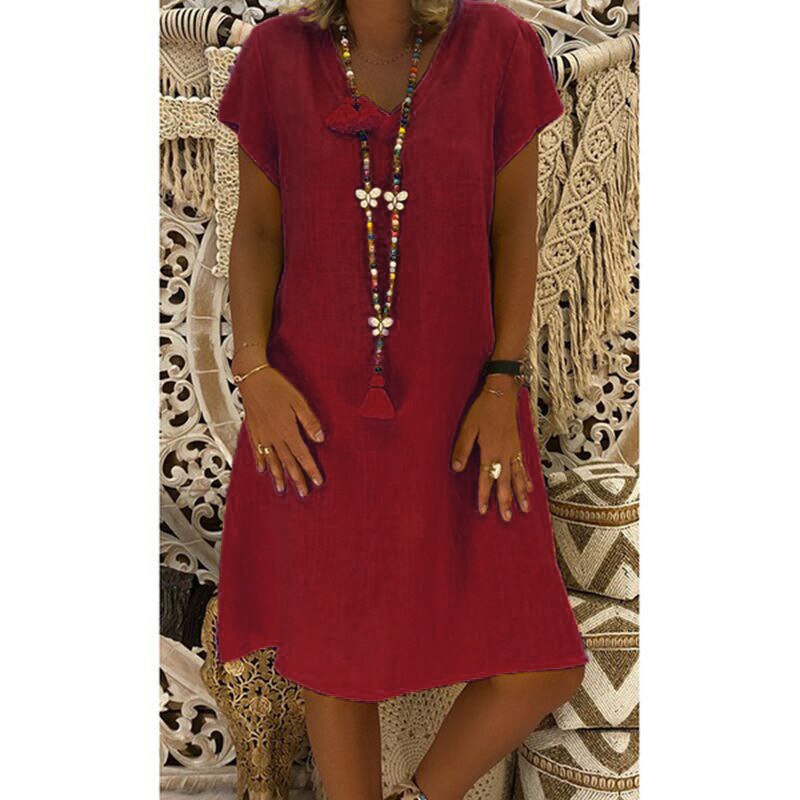 Cotton Linen Solid Loose V Neck Short Sleeve Midi Dress