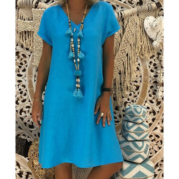 Cotton Linen Solid Loose V Neck Short Sleeve Midi Dress