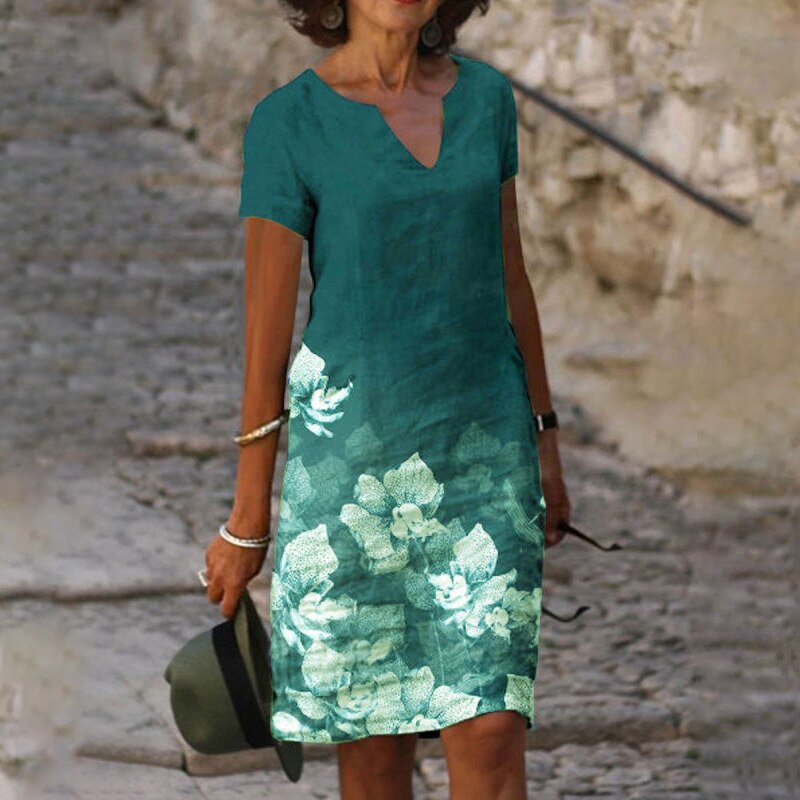 Loose Print Elegant V-neck Short Sleeve Knee-length Midi Dress