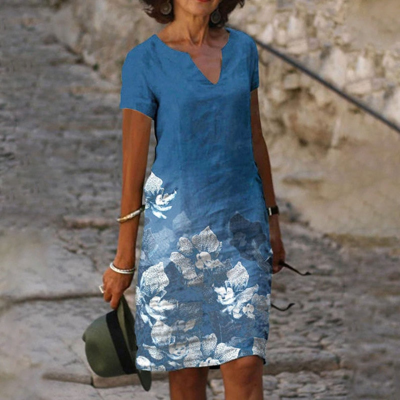 Loose Print Elegant V-neck Short Sleeve Knee-length Midi Dress