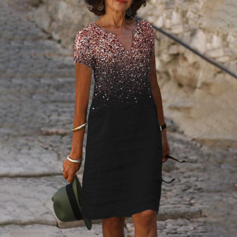 Loose Print Elegant V-neck Short Sleeve Knee-length Midi Dress