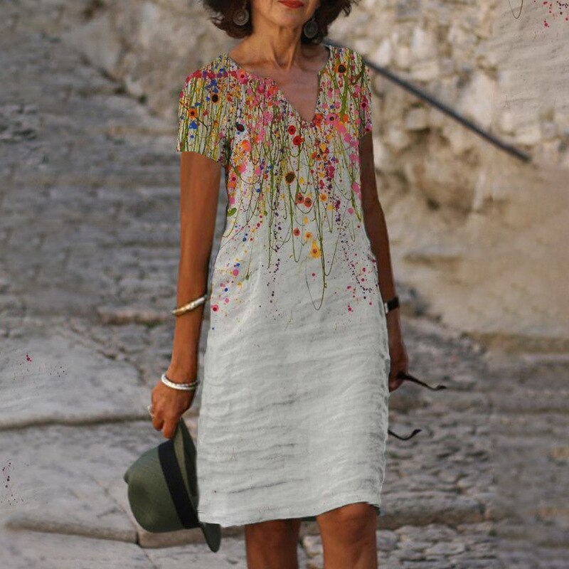 Loose Print Elegant V-neck Short Sleeve Knee-length Midi Dress