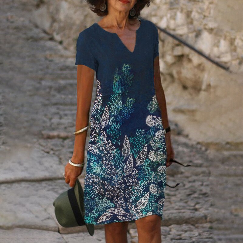 Loose Print Elegant V-neck Short Sleeve Knee-length Midi Dress