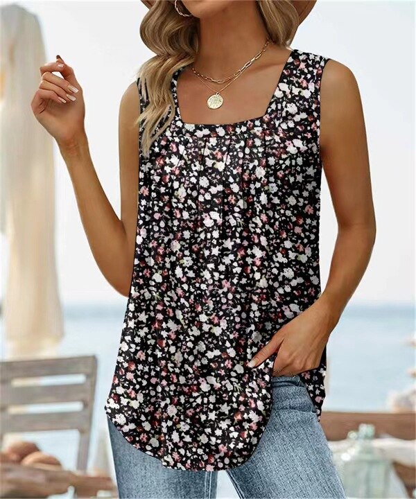 Square Neck Vest Print Sleeveless Loose Vest