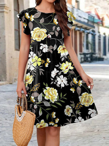 Floral Print Ruffles Cake Knitted Short Sleeve O Neck Casual Loose Dress
