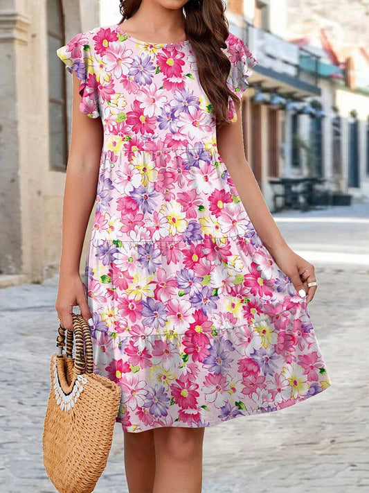 Floral Print Ruffles Cake Knitted Short Sleeve O Neck Casual Loose Dress