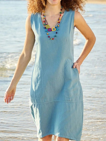O Neck Sleeveless Pocket Solid Color Loose Cotton Linen Midi Dreses