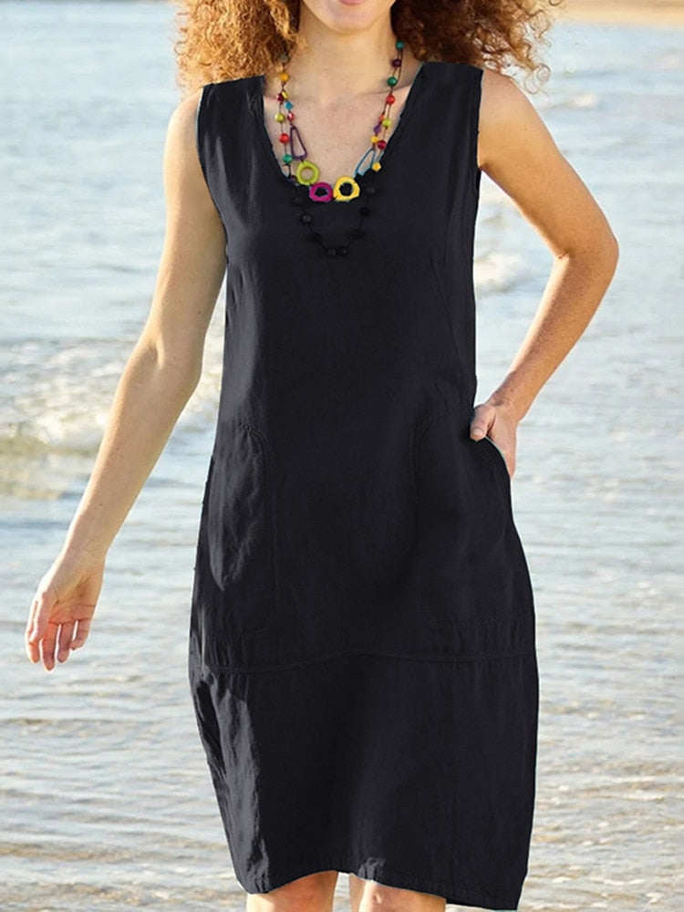 O Neck Sleeveless Pocket Solid Color Loose Cotton Linen Midi Dreses