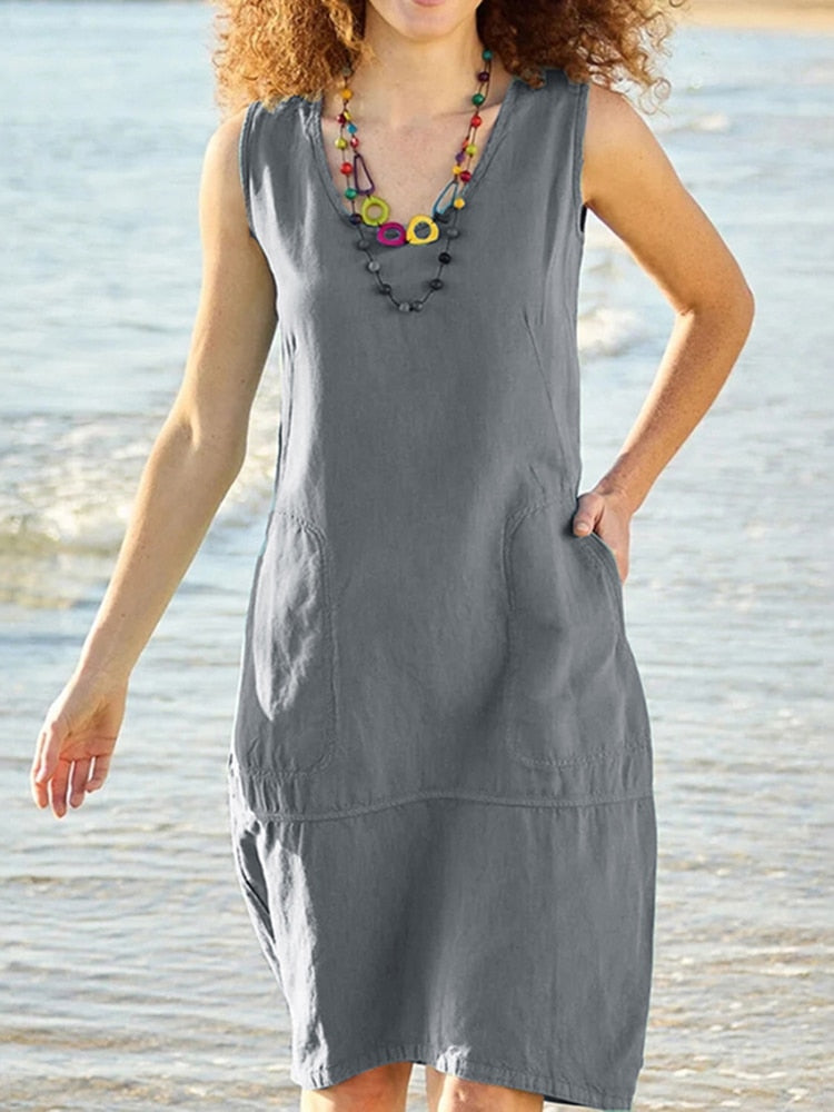 O Neck Sleeveless Pocket Solid Color Loose Cotton Linen Midi Dreses