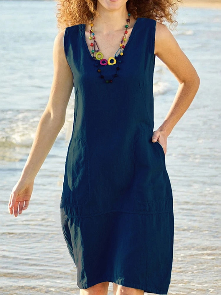 O Neck Sleeveless Pocket Solid Color Loose Cotton Linen Midi Dreses