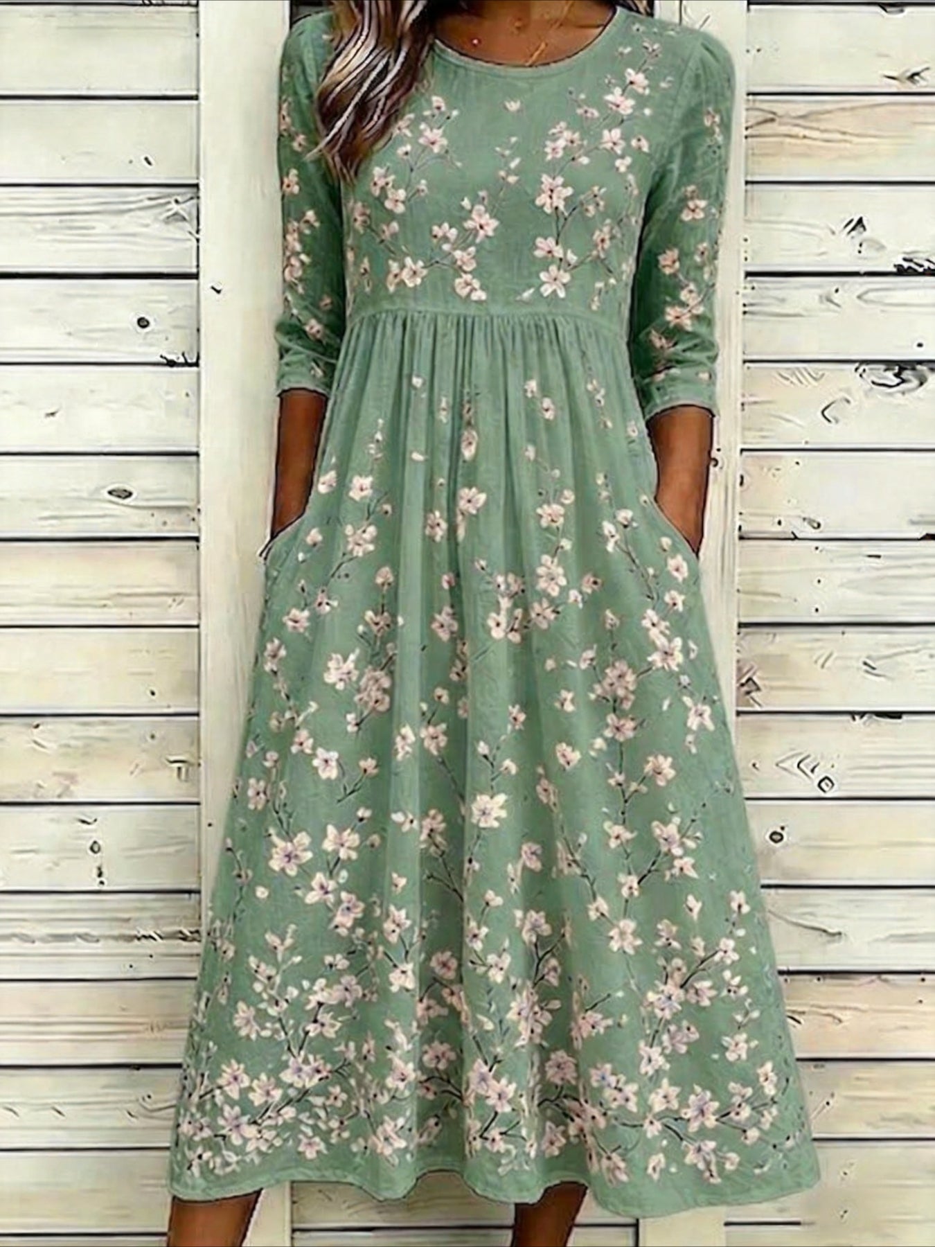 Flower Casual Round Neck Half Sleeve Mid Dress