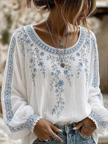 Vines Floral Crew Neck Long Sleeve Blouse