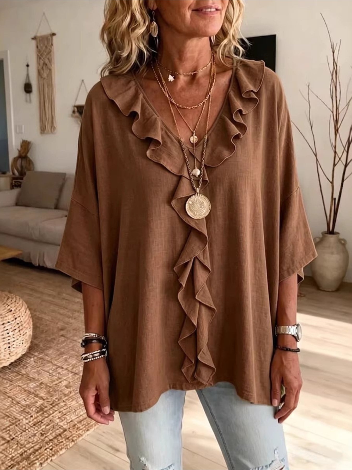 V Neck Casual 3/4 Sleeve Top with Ruffle Edge