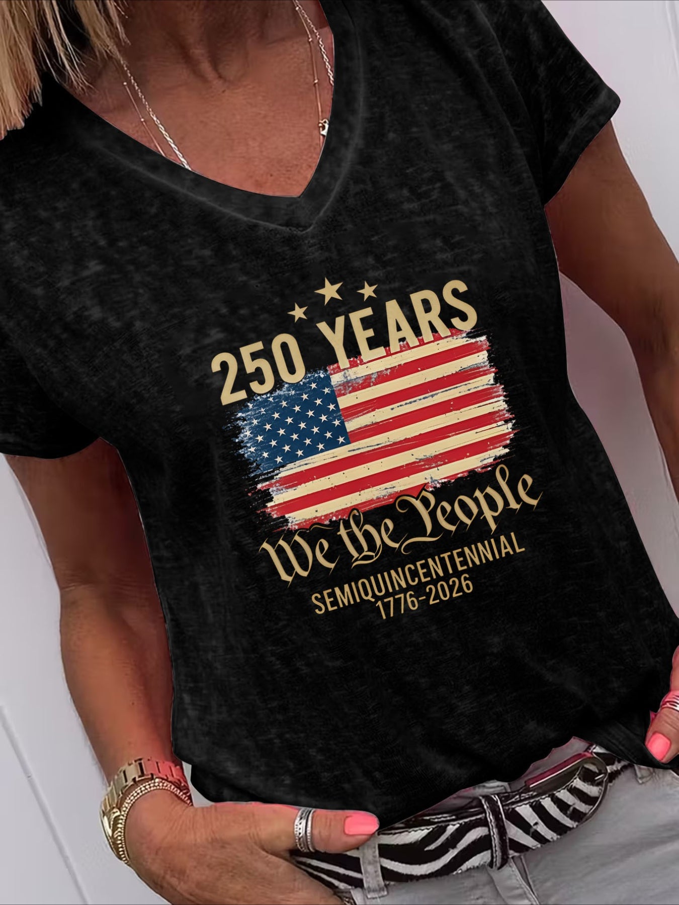 Casual American Flag Print V Neck Short Sleeve T-Shirt