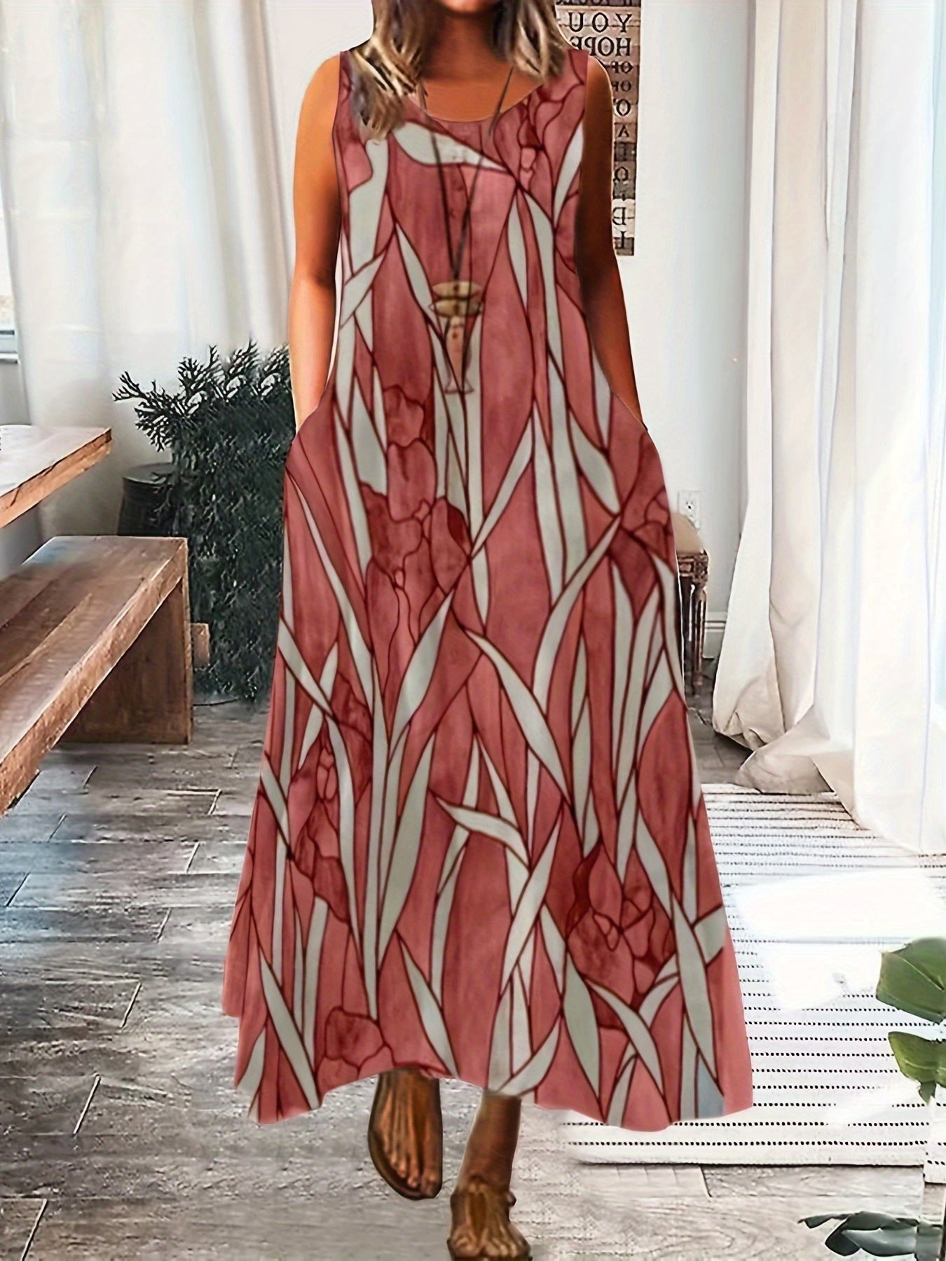 Flower & Leaf Print Sleeveless Round Neck Medium Stretch Maxi Cami Dress With Pockets