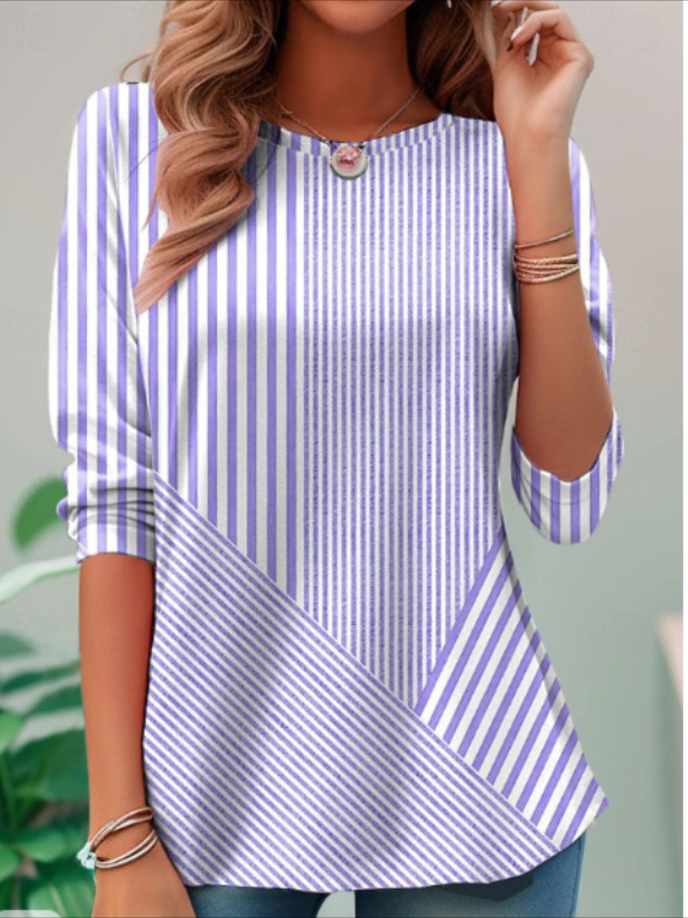 Graphic Geometric Striped Elegant Vintage Fashion Long Sleeve Crew Neck Regular Tops