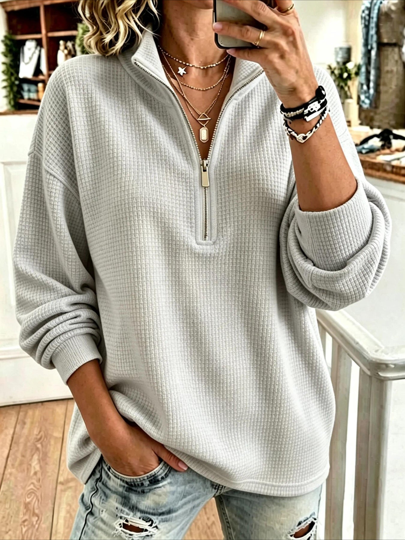 Solid Color Casual Plain Mock Neck Sweatshirt
