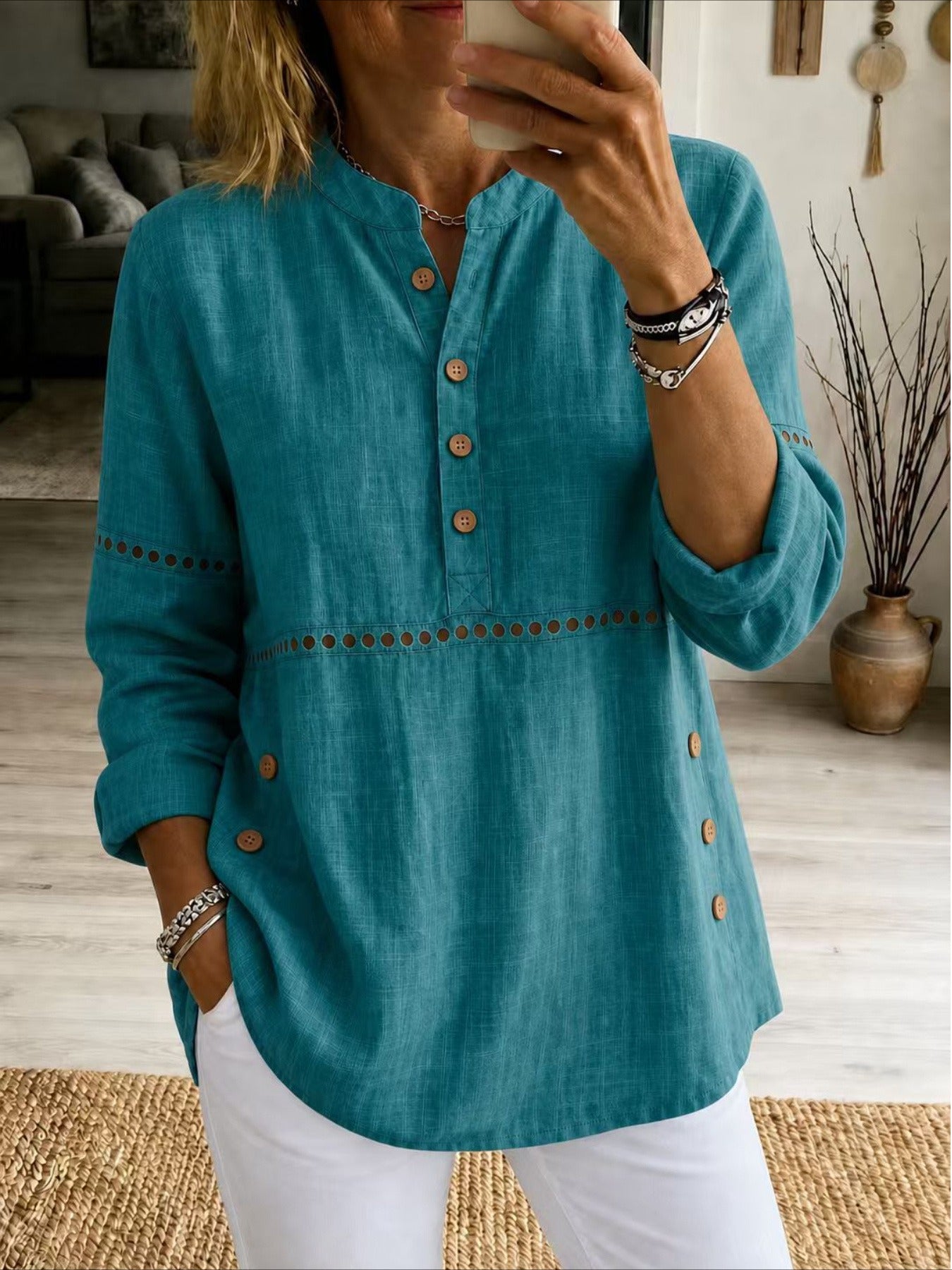 Solid Color Stand Collar Long Sleeve Half-Placket Side Button Cutout Detail Loose Fit Top