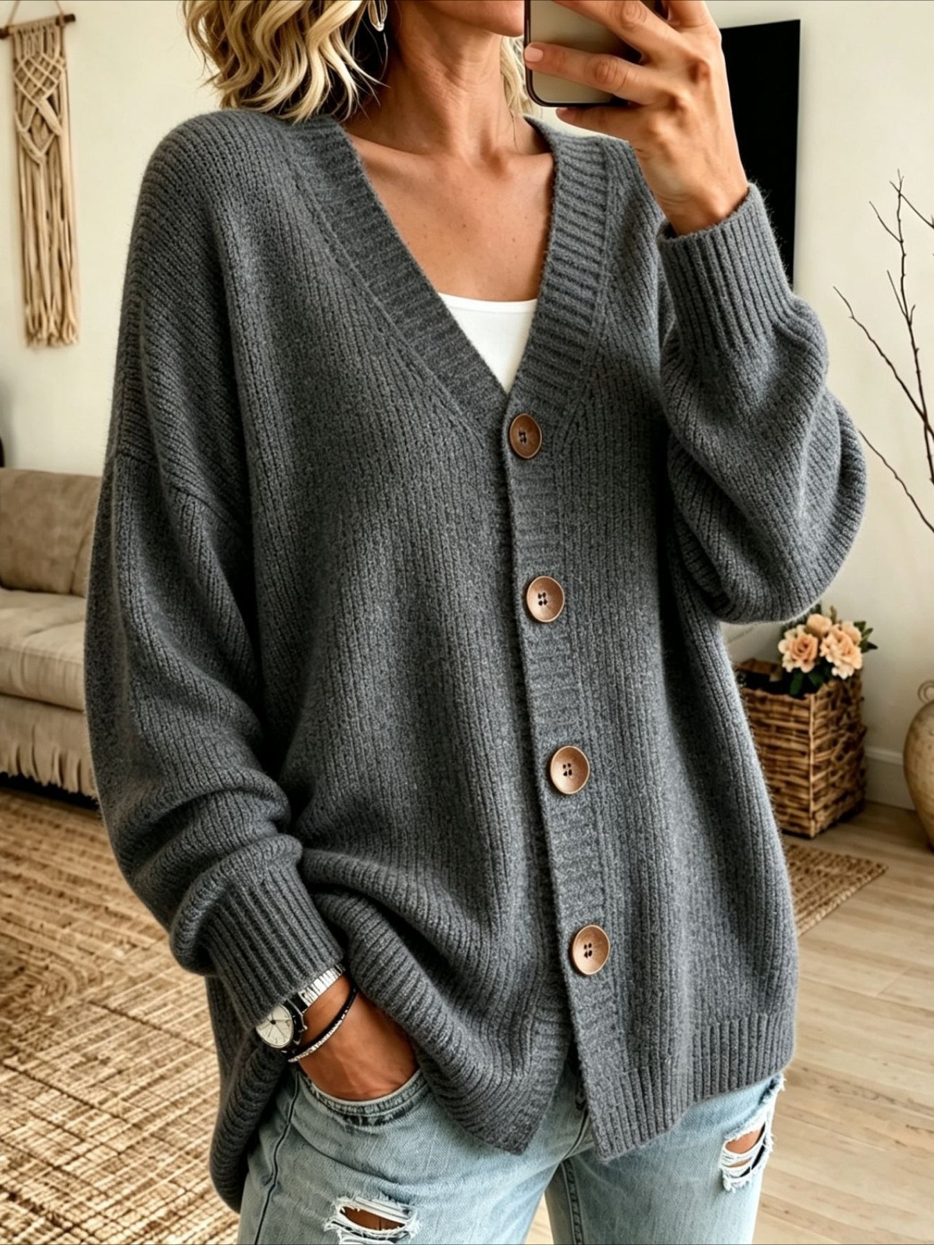 Solid Color Button V Neck Knitted Cardigan Sweater