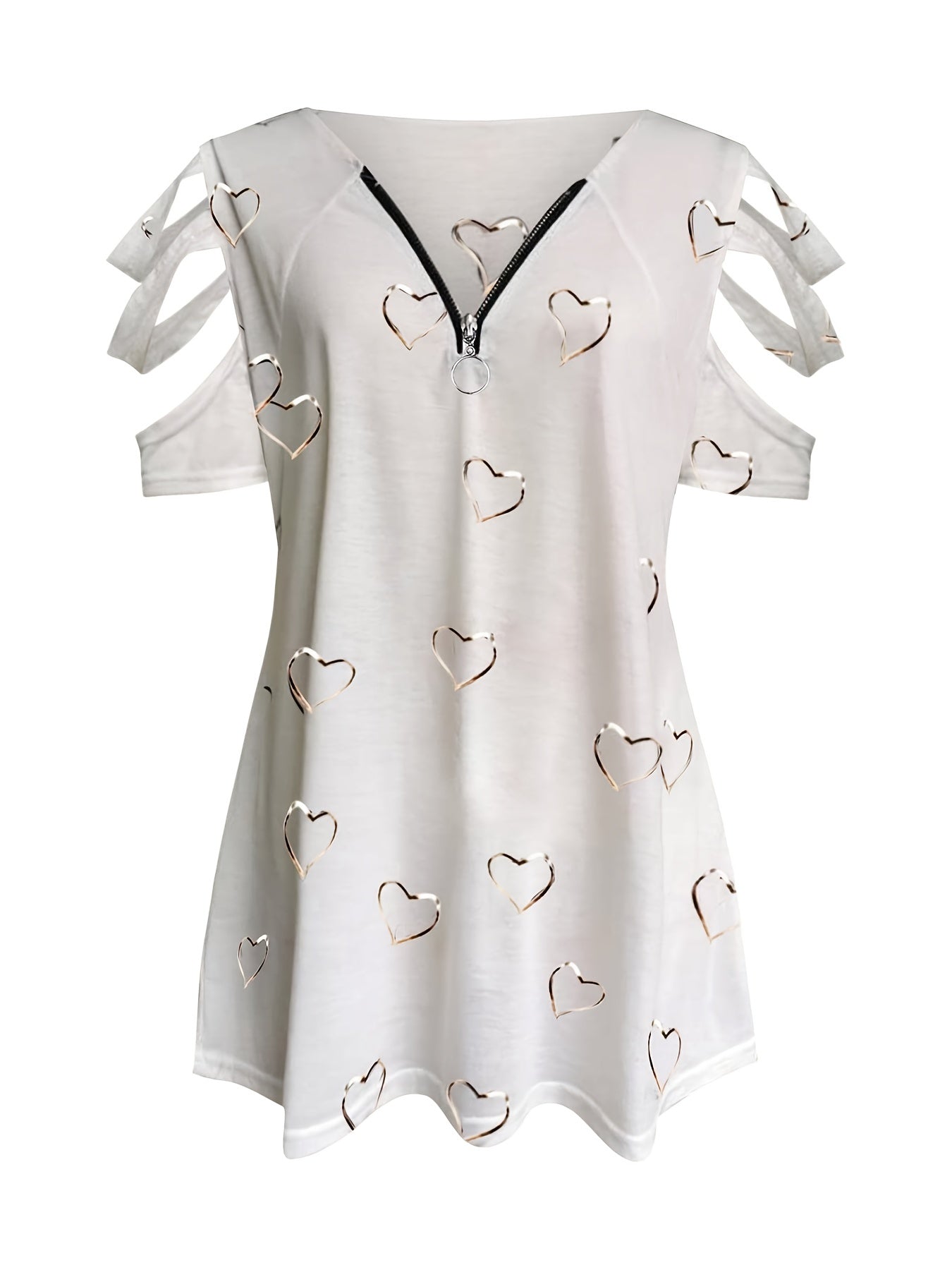 Women's Heart Print Cut Out T-Shirt with Zipper V Neck and Short Sleeves - Casual Everyday Top for Comfort and Style