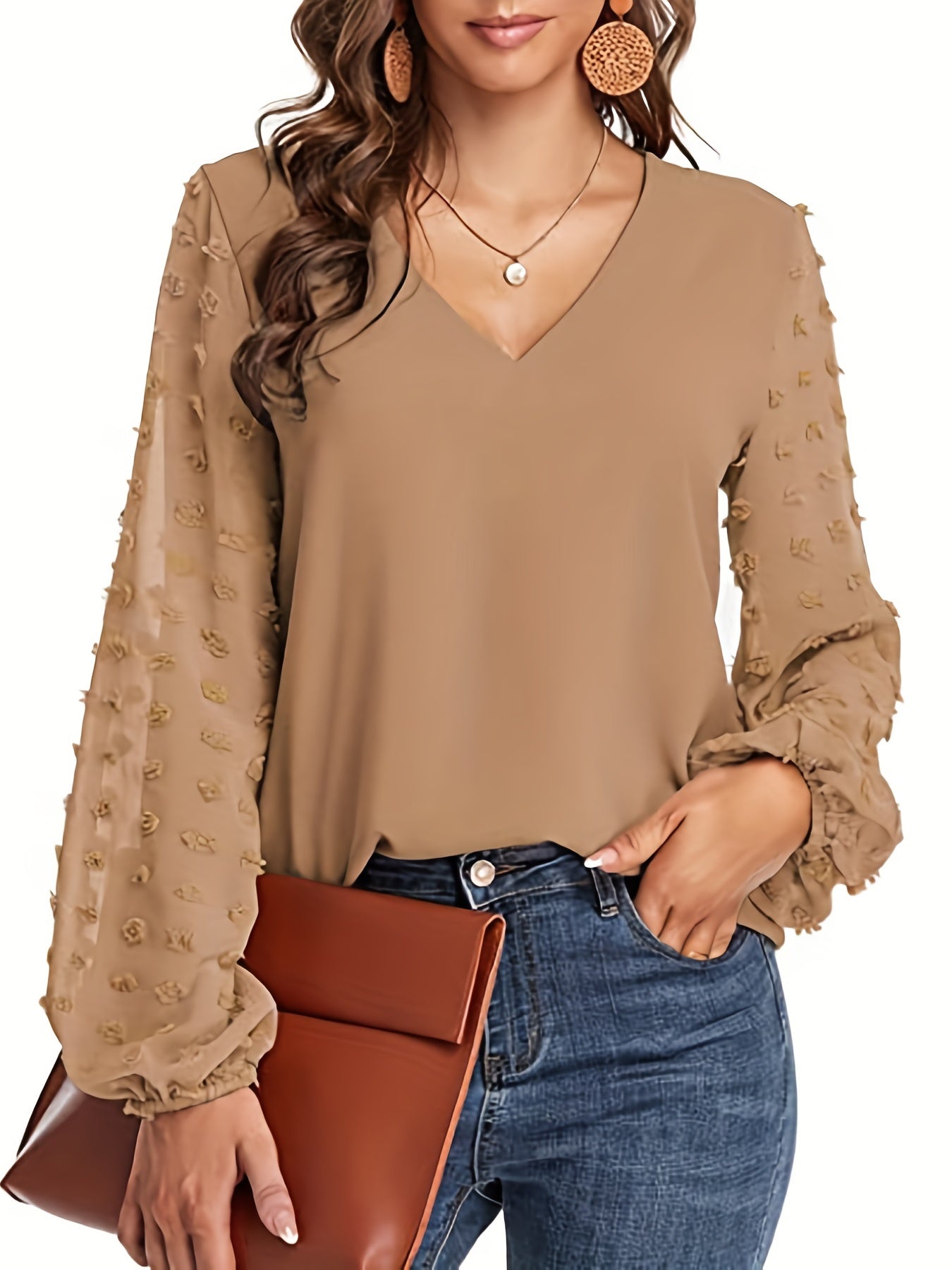 Swiss Dot Sleeve Shirt, Casual V Neck Solid Shirt