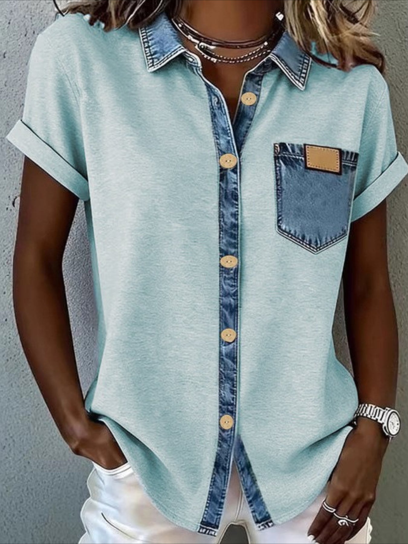 Fashion Short Sleeve Button-Up Blouse