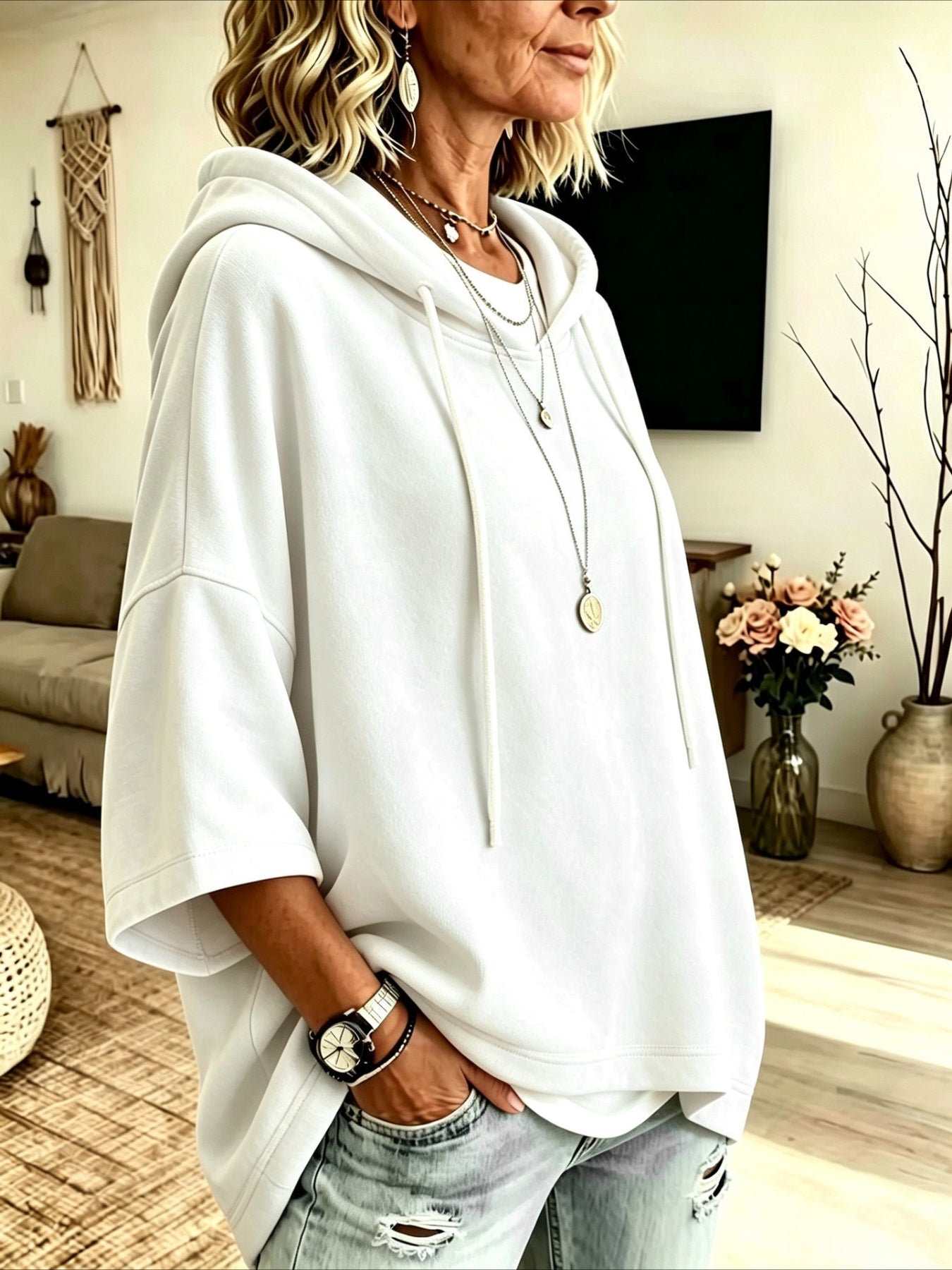 Seven-quarter Sleeves Solid Color Casual Hooded Sweatshirt