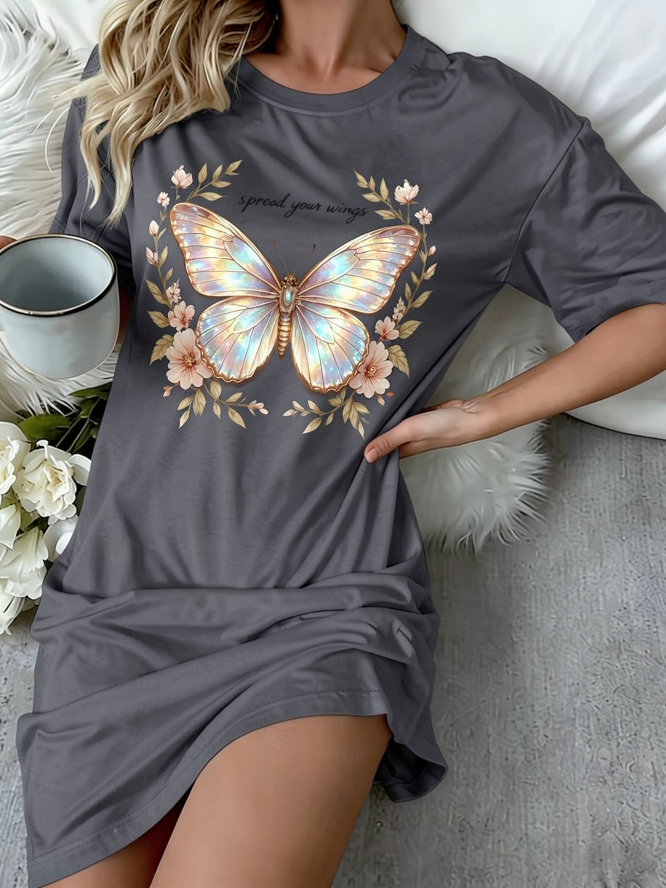 Trendy Glowing Butterfly Fantasy Art Short Sleeve Crew Neck Graphic Shirt Dress