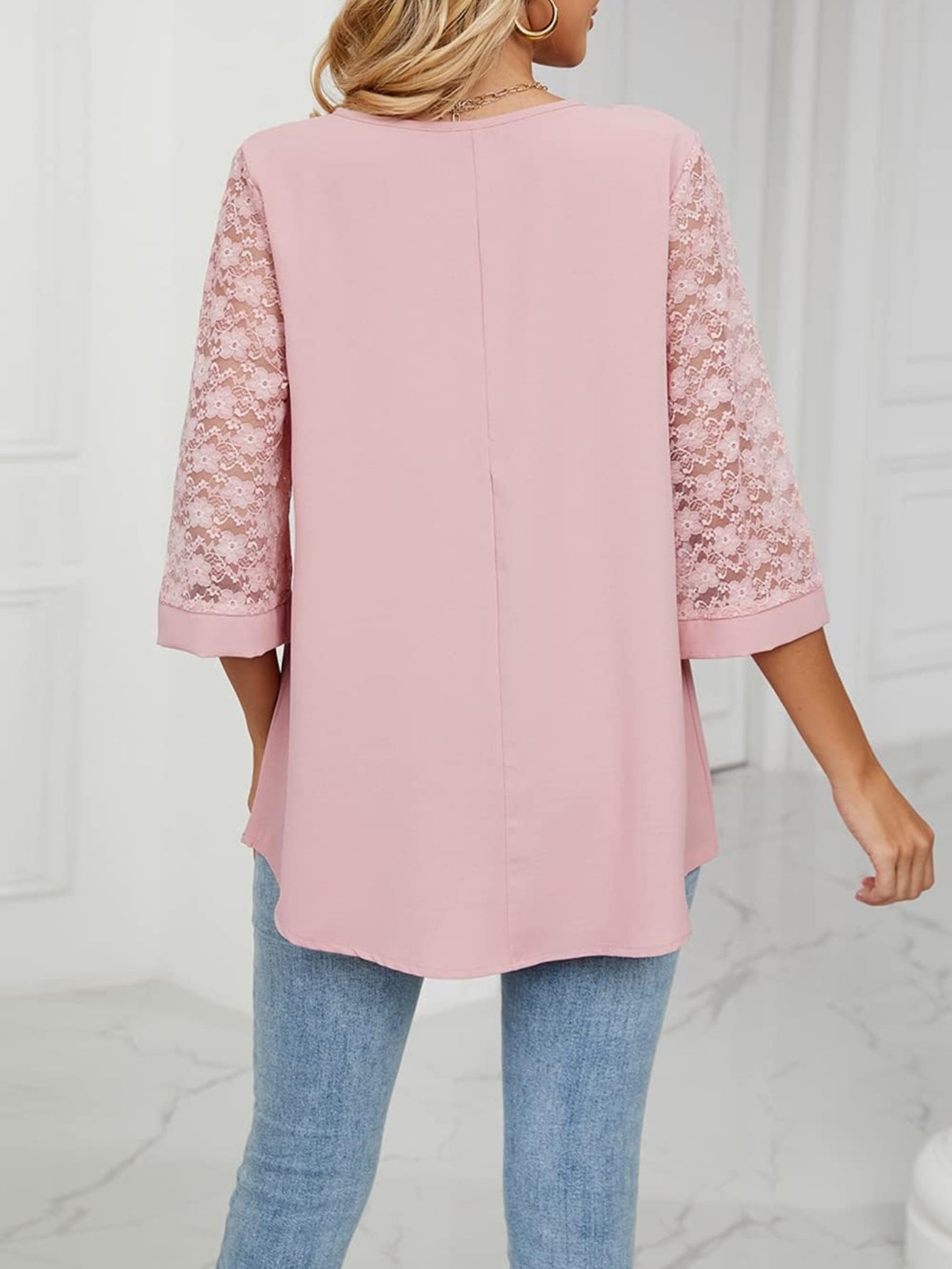 Casual 3/4 Sleeve Lace Chiffon Solid T-Shirt