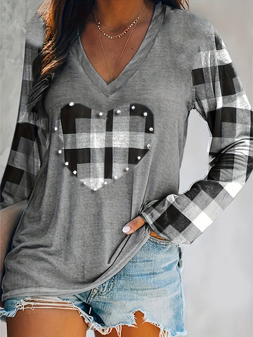 Plaid Heart Print V Neck T-Shirt, Casual Long Sleeve Top