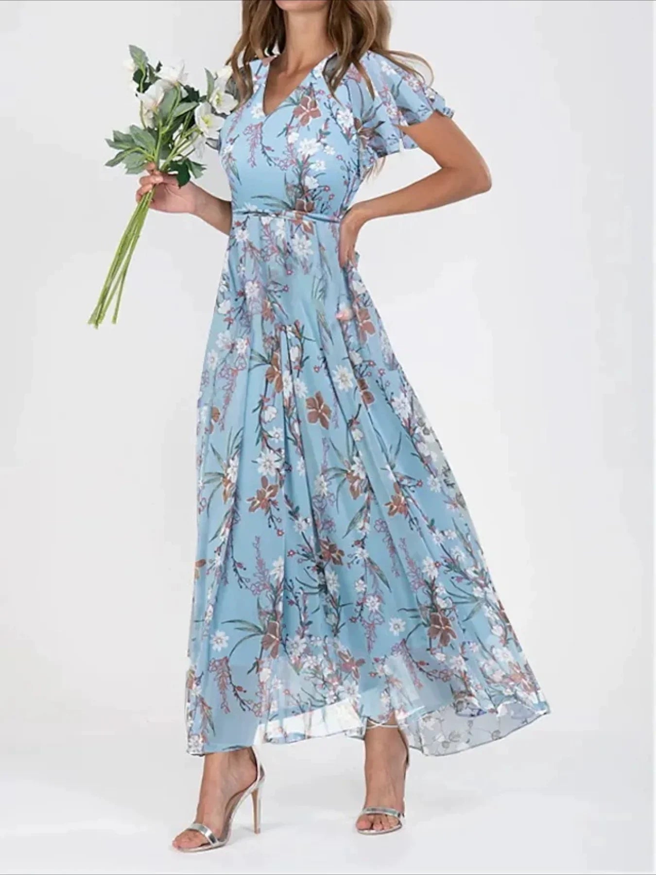 Elegant Floral Print V-Neck Maxi Dress