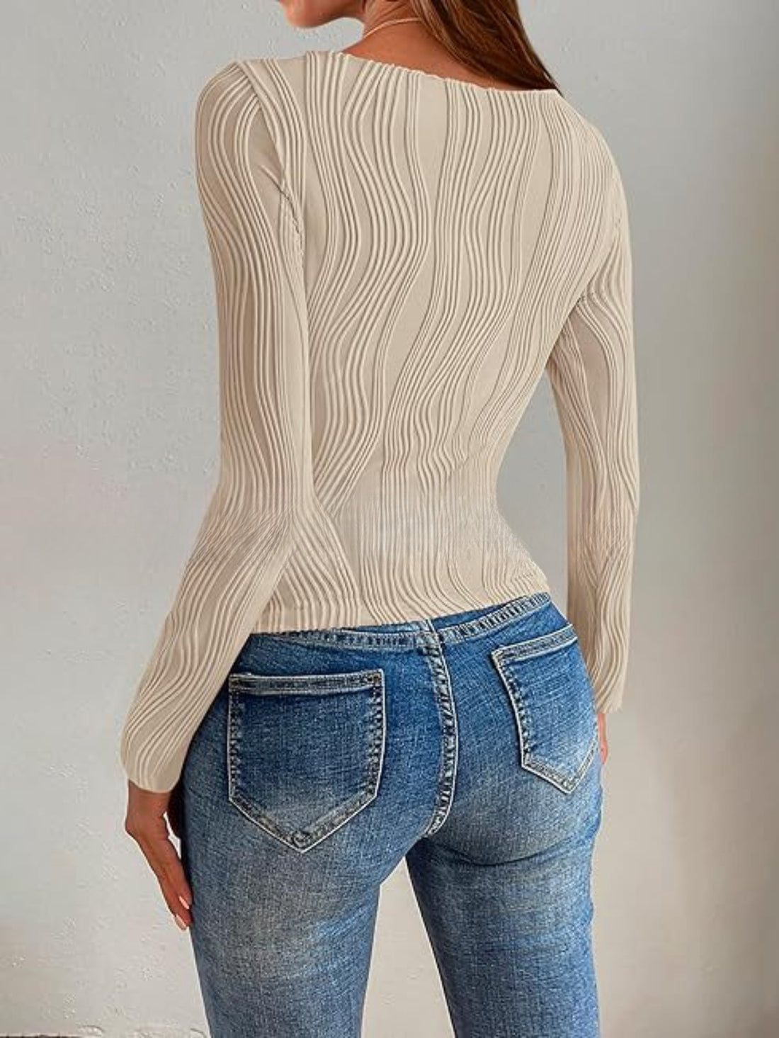 Long Sleeve Slim Textured Frill Neck Elegant T-Shirt